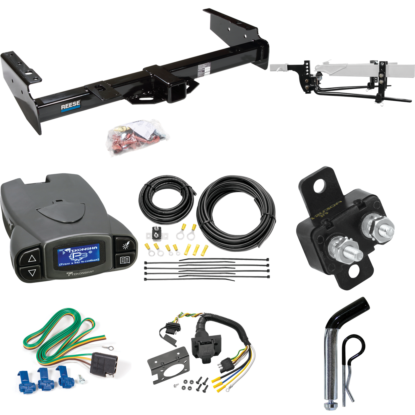 Fits 1992-1999 Chevrolet Suburban K2500 Trailer Hitch Tow PKG w/ 11.5K Round Bar Weight Distribution Hitch w/ 2-5/16" Ball + Pin/Clip + Tekonsha Prodigy P3 Brake Control + 7-Way RV Wiring By Reese Towpower