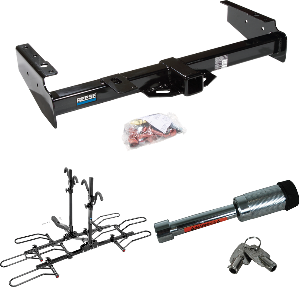 Fits 1992-1999 Chevrolet Suburban C2500 Trailer Hitch Tow PKG w/ 4 Bike Plaform Style Carrier Rack + Hitch Lock By Reese Towpower