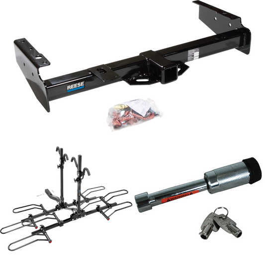 Fits 1992-1999 Chevrolet Suburban C2500 Trailer Hitch Tow PKG w/ 4 Bike Plaform Style Carrier Rack + Hitch Lock By Reese Towpower