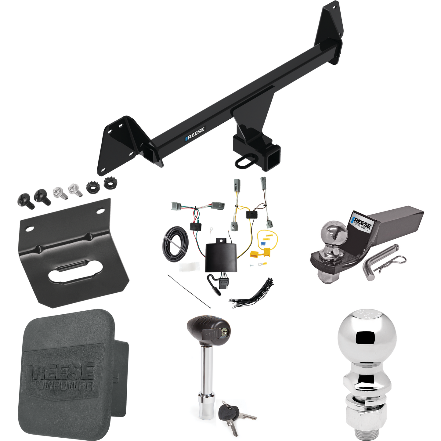 Fits 2022-2023 Toyota Corolla Cross Trailer Hitch Tow PKG w/ 4-Flat Wiring + Starter Kit Ball Mount w/ 2" Drop & 2" Ball + 2-5/16" Ball + Wiring Bracket + Hitch Lock + Hitch Cover (Excludes: w/LED Taillights Models) By Reese Towpower