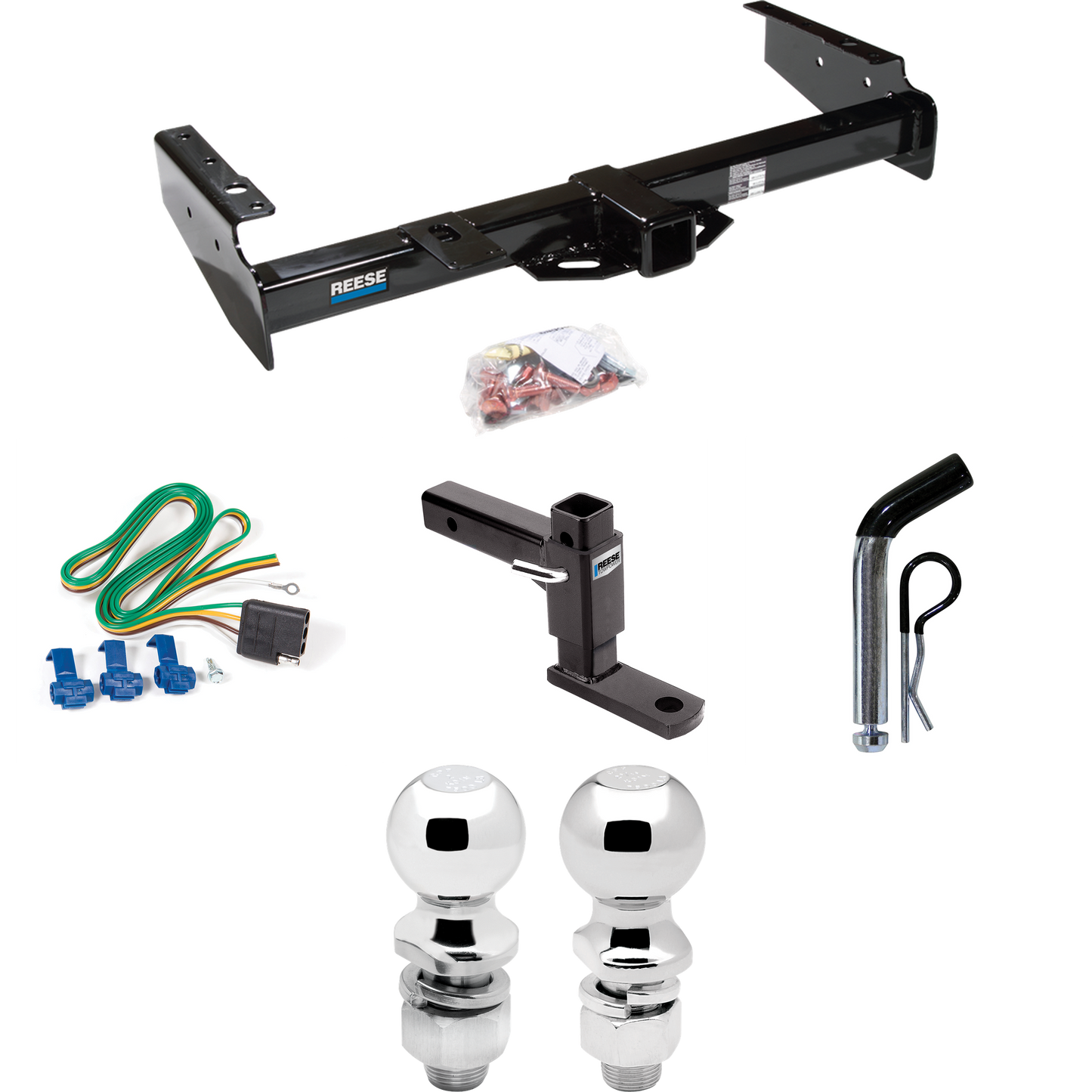 Fits 1995-2000 Chevrolet Tahoe Trailer Hitch Tow PKG w/ 4-Flat Wiring + Adjustable Drop Rise Ball Mount + Pin/Clip + 2" Ball + 2-5/16" Ball By Reese Towpower