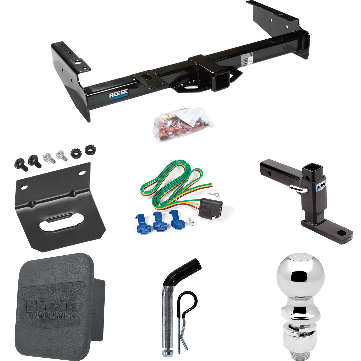 Fits 1992-1999 GMC Suburban K1500 Trailer Hitch Tow PKG w/ 4-Flat Wiring + Adjustable Drop Rise Ball Mount + Pin/Clip + 2-5/16" Ball + Wiring Bracket + Hitch Cover By Reese Towpower