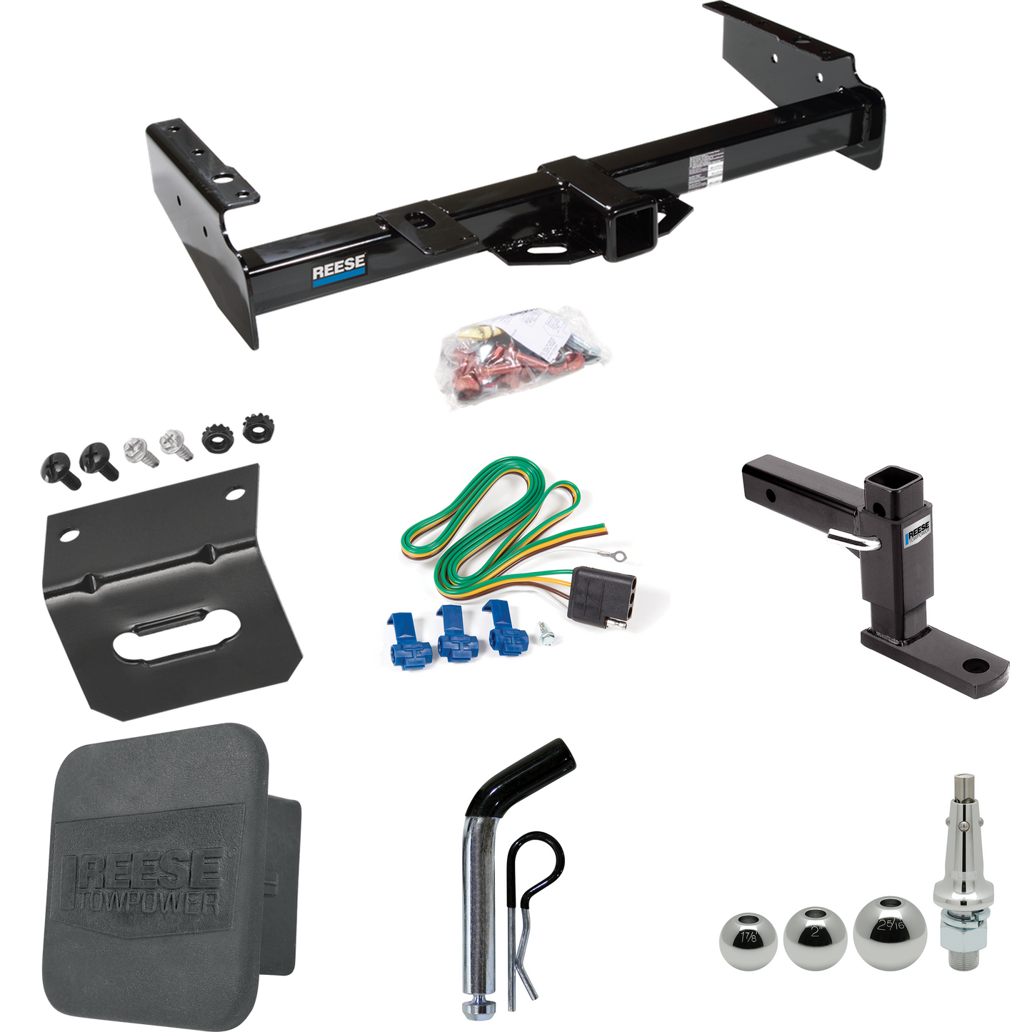 Se adapta al paquete de enganche de remolque Chevrolet Blazer 1992-1994 con 4 cables planos + soporte de bola ajustable + pasador/clip + bolas intercambiables de 1-7/8", 2" y 2-5/16" + soporte de cableado + enganche Portada de Reese Towpower