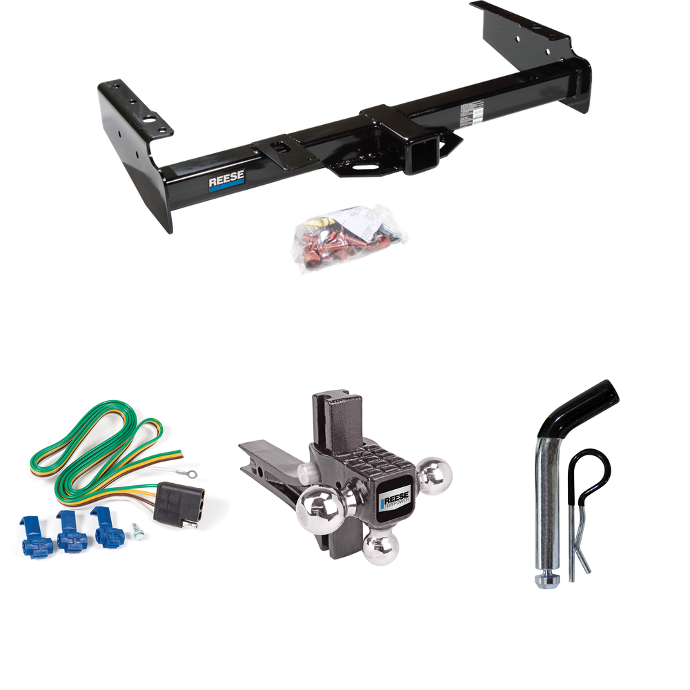 Fits 1999-2000 GMC Yukon Denali Trailer Hitch Tow PKG w/ 4-Flat Wiring + Adjustable Drop Rise Triple Ball Ball Mount 1-7/8" & 2" & 2-5/16" Trailer Balls + Pin/Clip By Reese Towpower