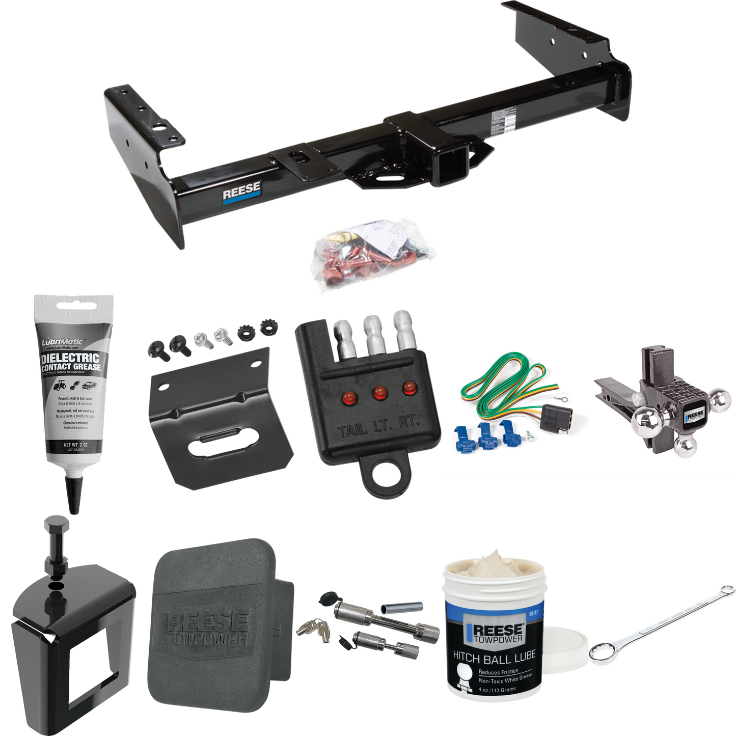 Fits 1992-1999 Chevrolet Suburban K1500 Trailer Hitch Tow PKG w/ 4-Flat Wiring + Adjustable Drop Rise Triple Ball Ball Mount 1-7/8" & 2" & 2-5/16" Trailer Balls + Wiring Bracket + Hitch Cover + Dual Hitch & Coupler Locks + Wiring Tester + Ball Lube +