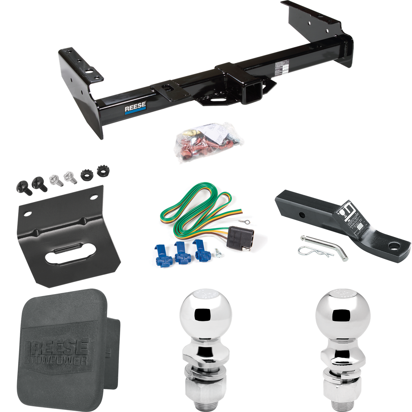 Fits 1992-1999 Chevrolet Suburban C1500 Trailer Hitch Tow PKG w/ 4-Flat Wiring + Ball Mount w/ 2" Drop + 2" Ball + 2-5/16" Ball + Wiring Bracket + Hitch Cover By Reese Towpower