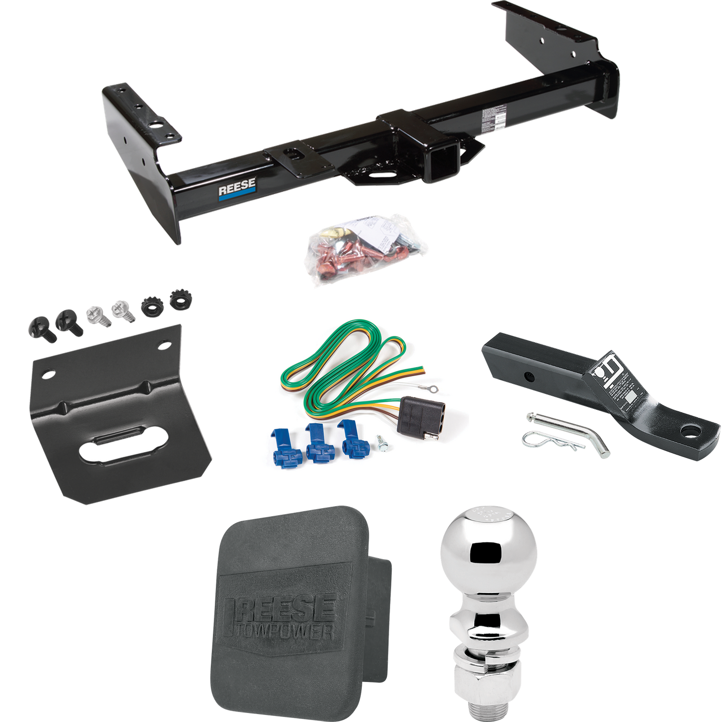 Fits 1992-1999 Chevrolet Suburban K2500 Trailer Hitch Tow PKG w/ 4-Flat Wiring + Ball Mount w/ 2" Drop + 2-5/16" Ball + Wiring Bracket + Hitch Cover By Reese Towpower