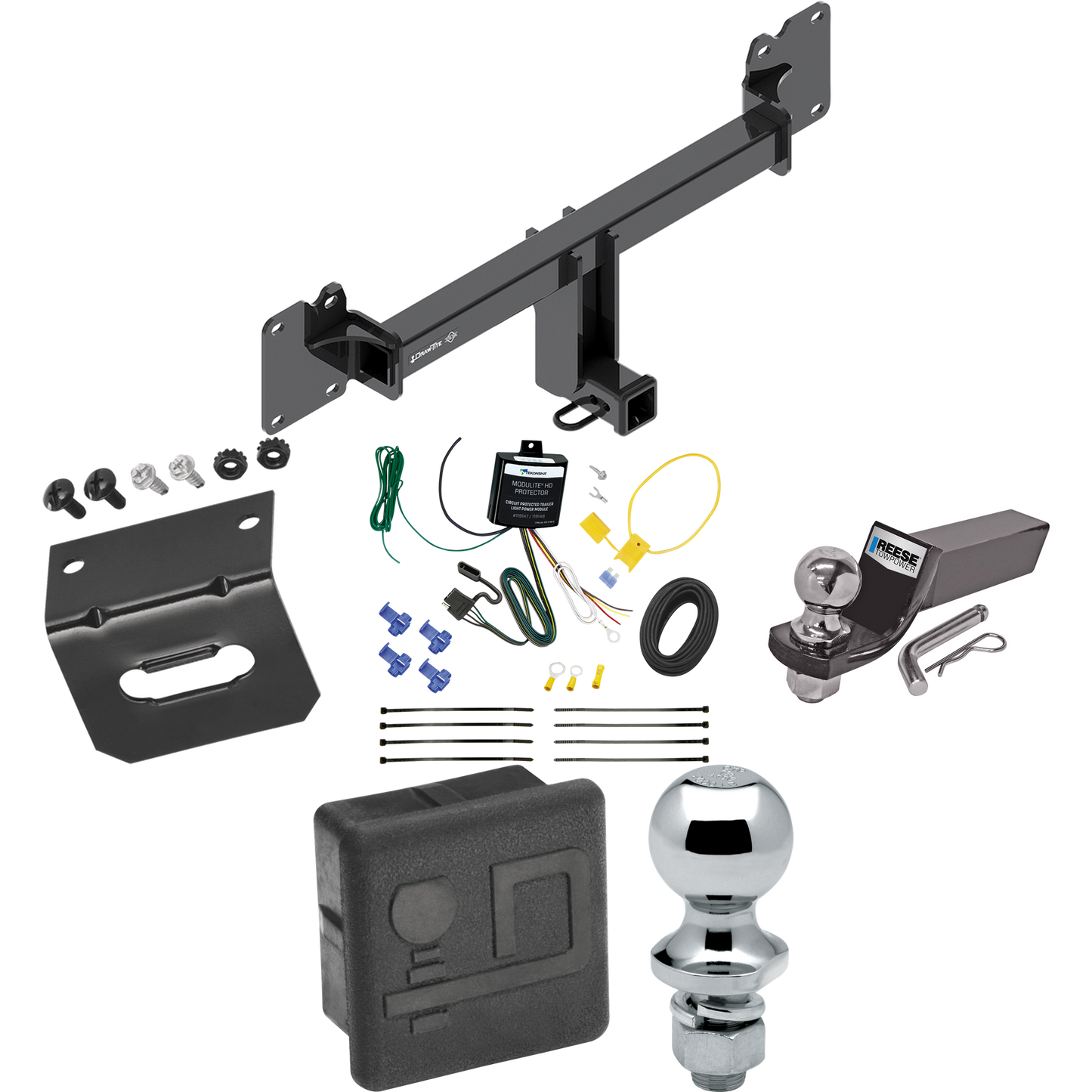 Se adapta al paquete de enganche de remolque Jaguar F-Pace 2022-2023 con cableado plano de 4 + kit de montaje de bola de inicio con caída de 2" y bola de 2" + bola de 1-7/8" + soporte de cableado + cubierta de enganche de Draw-Tite