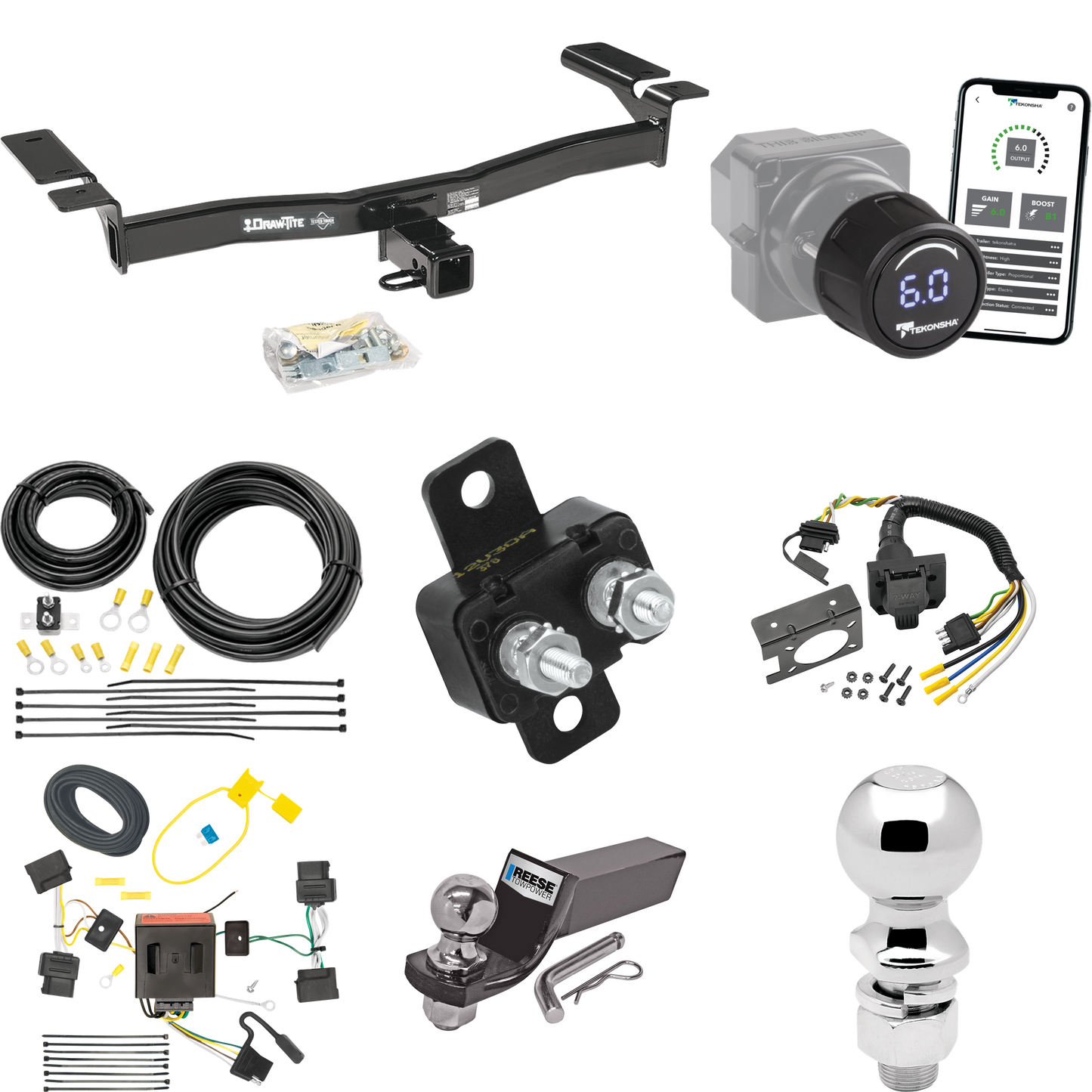 Se adapta al paquete de enganche de remolque Lincoln MKX 2007-2010 con control de freno inalámbrico Bluetooth Tekonsha Prodigy iD + cableado RV de 7 vías + soporte de bola y caída de 2" y 2-5/16" de Draw-Tite