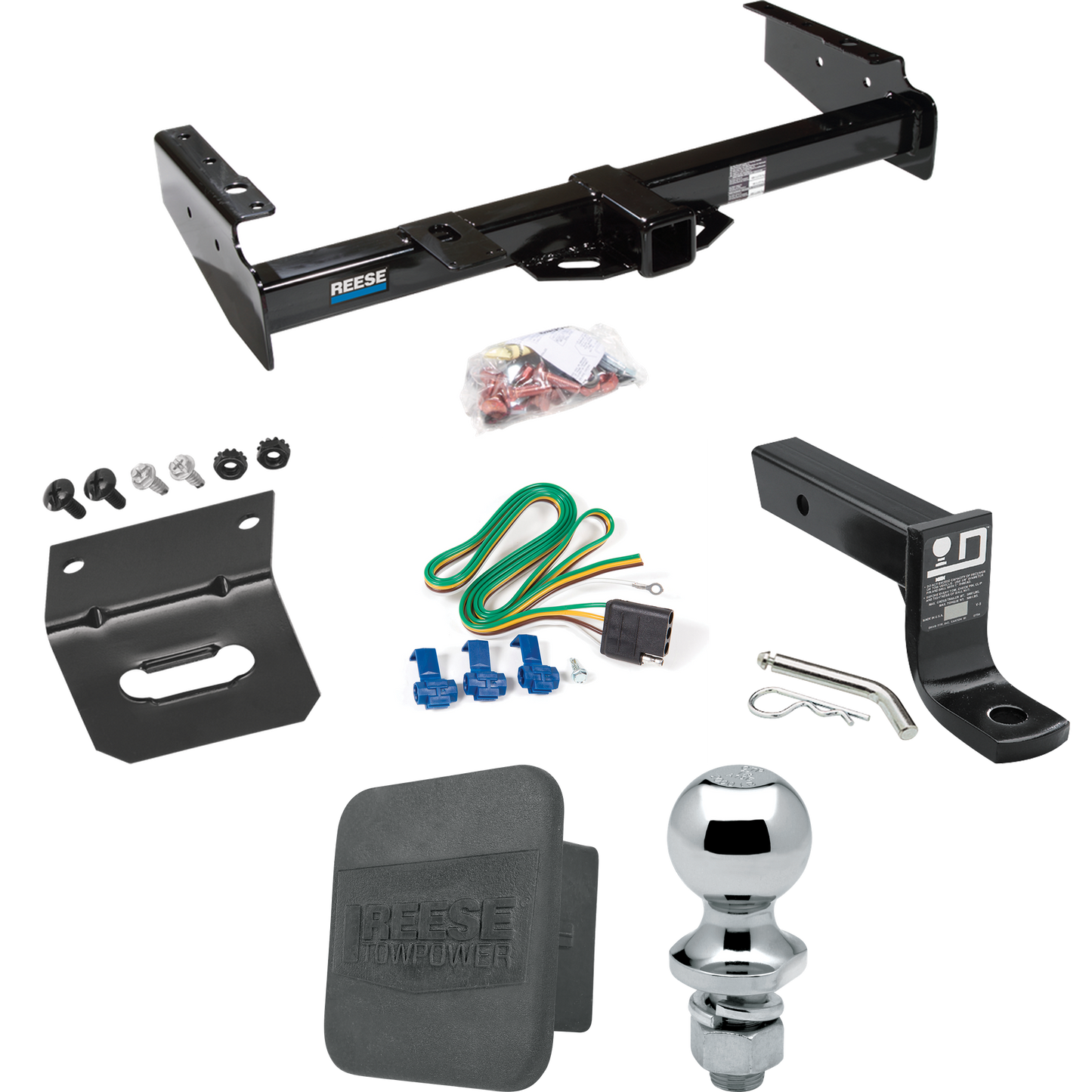 Fits 1995-2000 Chevrolet Tahoe Trailer Hitch Tow PKG w/ 4-Flat Wiring + Ball Mount w/ 4" Drop + 1-7/8" Ball + Wiring Bracket + Hitch Cover By Reese Towpower