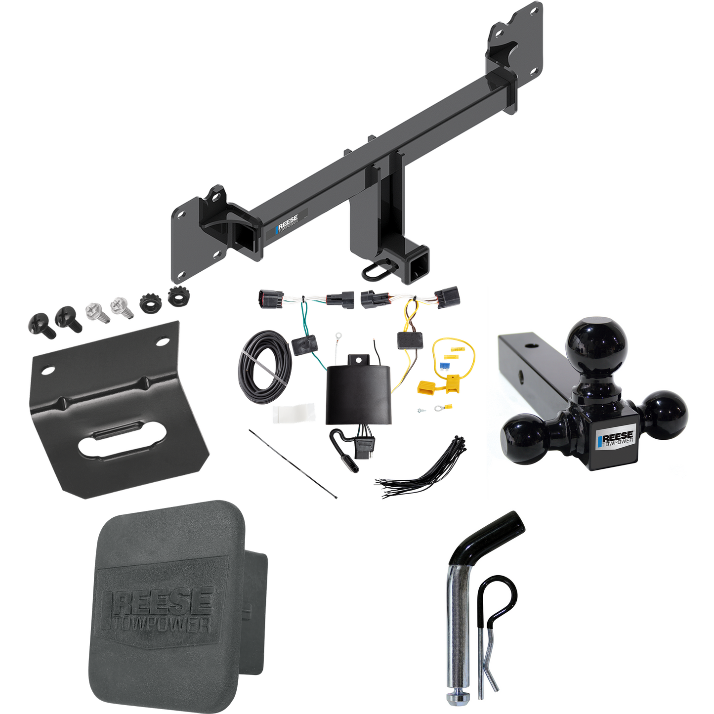 Fits 2017-2021 Jaguar F-Pace Trailer Hitch Tow PKG w/ 4-Flat Wiring + Triple Ball Ball Mount 1-7/8" & 2" & 2-5/16" Trailer Balls + Pin/Clip + Wiring Bracket + Hitch Cover By Reese Towpower