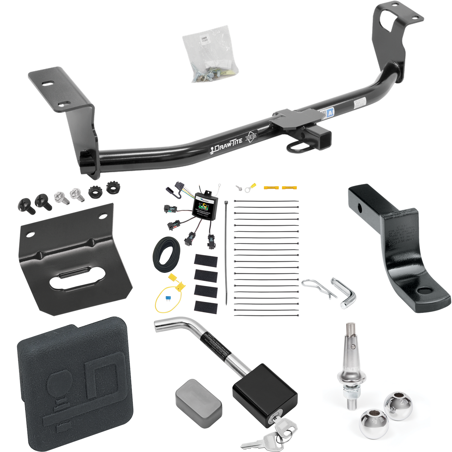 Fits 2008-2008 Toyota Corolla Trailer Hitch Tow PKG w/ 4-Flat Zero Contact "No Splice" Wiring Harness + Draw-Bar + Interchangeable 1-7/8" & 2" Balls + Wiring Bracket + Hitch Cover + Hitch Lock By Draw-Tite