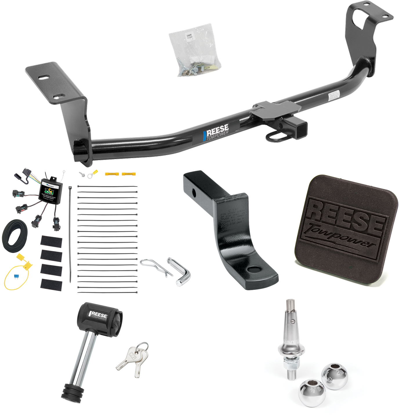 Fits 2008-2008 Toyota Corolla Trailer Hitch Tow PKG w/ 4-Flat Zero Contact "No Splice" Wiring Harness + Draw-Bar + Interchangeable 1-7/8" & 2" Balls + Hitch Cover + Hitch Lock By Reese Towpower