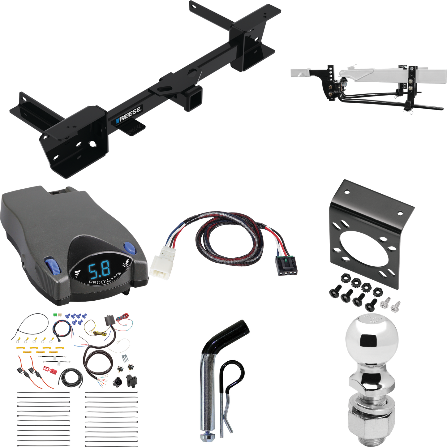 Fits 2023-2023 Subaru Ascent Trailer Hitch Tow PKG w/ 6K Round Bar Weight Distribution Hitch w/ 2-5/16" Ball + 2" Ball + Pin/Clip + Tekonsha Prodigy P2 Brake Control + Plug & Play BC Adapter + 7-Way RV Wiring By Reese Towpower