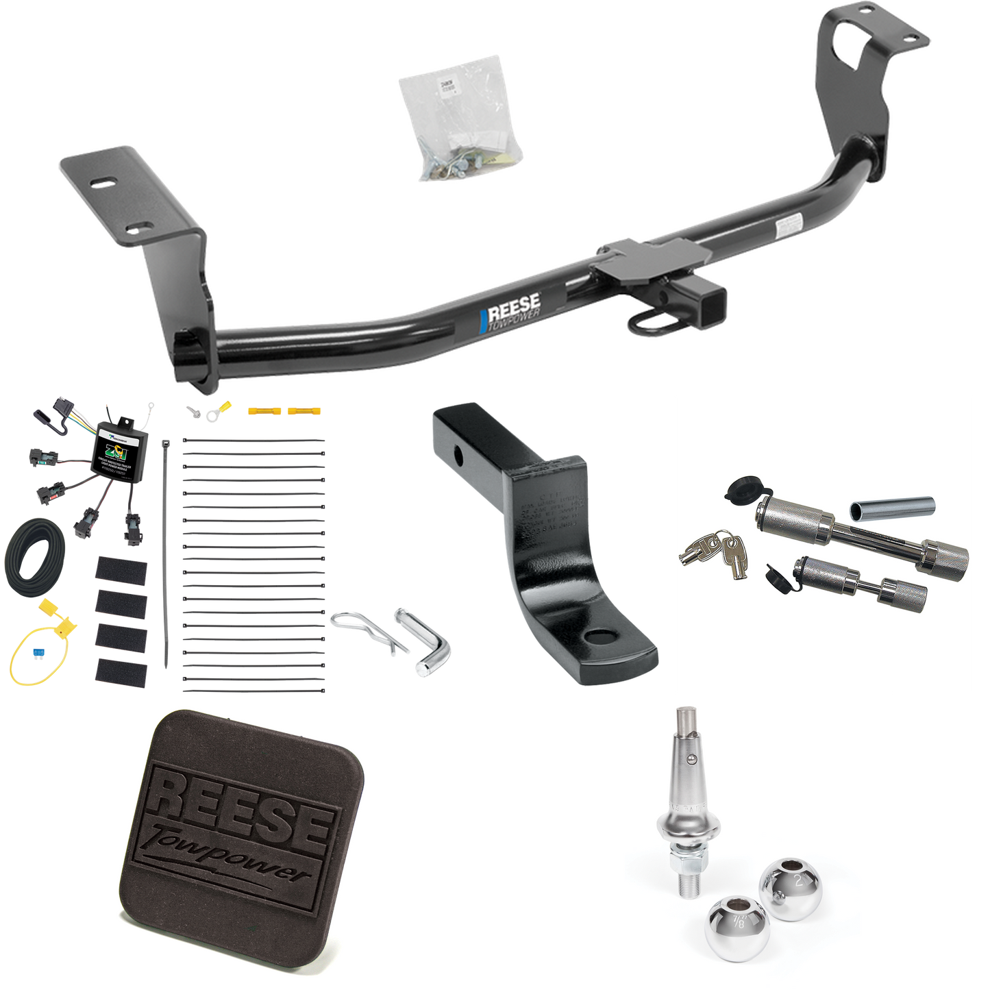 Fits 2008-2008 Toyota Corolla Trailer Hitch Tow PKG w/ 4-Flat Zero Contact "No Splice" Wiring Harness + Draw-Bar + Interchangeable 1-7/8" & 2" Balls + Hitch Cover + Dual Hitch & Coupler Locks By Reese Towpower