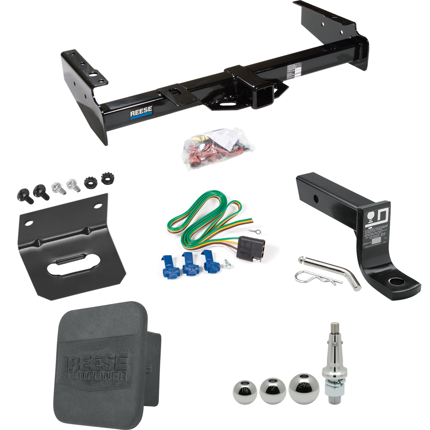 Fits 1992-1999 GMC Suburban K1500 Trailer Hitch Tow PKG w/ 4-Flat Wiring + Ball Mount w/ 4" Drop + Interchangeable Ball 1-7/8" & 2" & 2-5/16" + Wiring Bracket + Hitch Cover By Reese Towpower