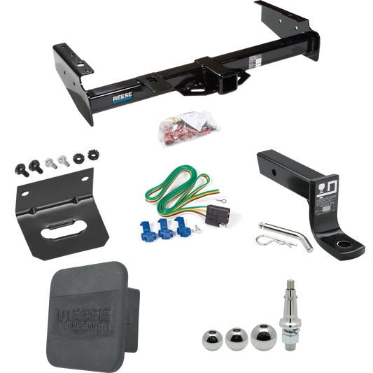 Fits 1992-1999 GMC Suburban K1500 Trailer Hitch Tow PKG w/ 4-Flat Wiring + Ball Mount w/ 4" Drop + Interchangeable Ball 1-7/8" & 2" & 2-5/16" + Wiring Bracket + Hitch Cover By Reese Towpower