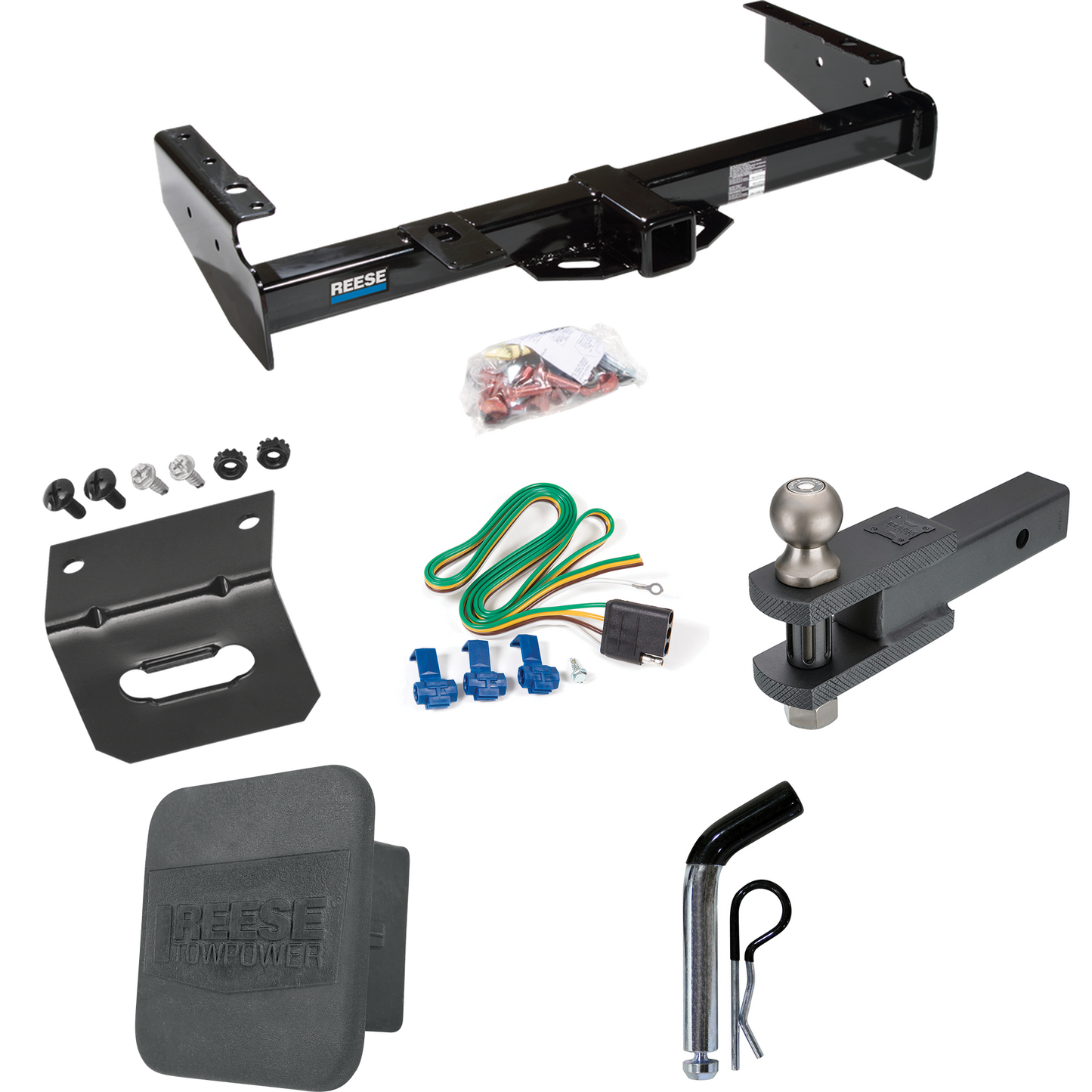 Fits 1992-1999 Chevrolet Suburban C1500 Trailer Hitch Tow PKG w/ 4-Flat Wiring + Clevis Hitch Ball Mount w/ 2" Ball + Pin/Clip + Wiring Bracket + Hitch Cover By Reese Towpower