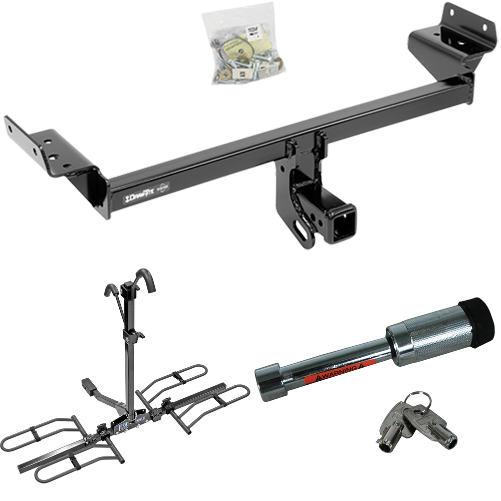 Fits 2019-2023 Lincoln Nautilus Trailer Hitch Tow PKG w/ 2 Bike Plaform Style Carrier Rack + Hitch Lock By Draw-Tite