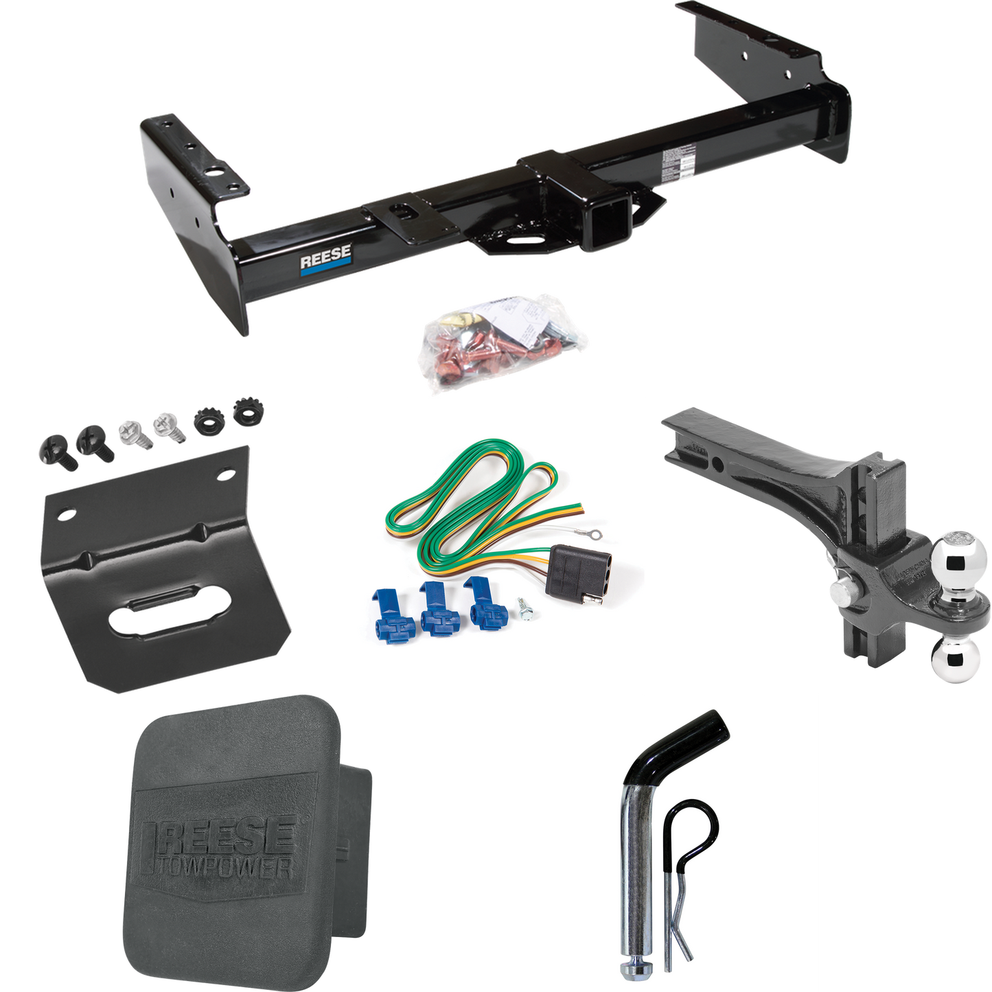 Fits 1992-1999 Chevrolet Suburban K1500 Trailer Hitch Tow PKG w/ 4-Flat Wiring + Dual Adjustable Drop Rise Ball Ball Mount 2" & 2-5/16" Trailer Balls + Pin/Clip + Wiring Bracket + Hitch Cover By Reese Towpower