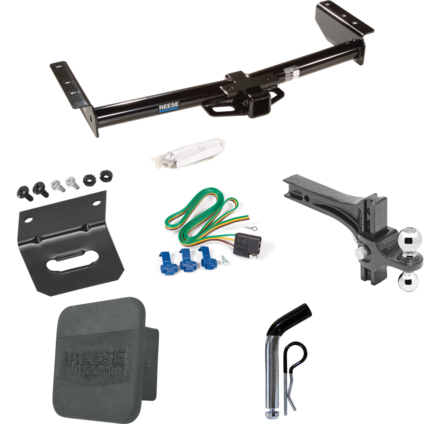 Fits 2002-2002 Cadillac Escalade EXT Trailer Hitch Tow PKG w/ 4-Flat Wiring + Dual Adjustable Drop Rise Ball Ball Mount 2" & 2-5/16" Trailer Balls + Pin/Clip + Wiring Bracket + Hitch Cover By Reese Towpower