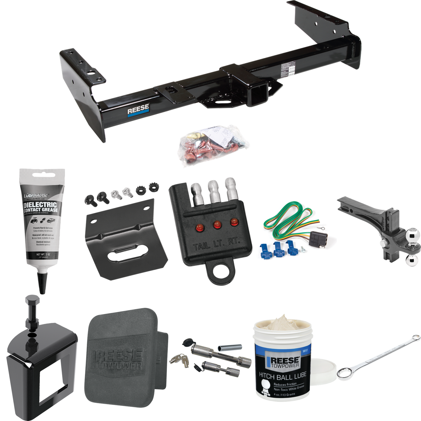 Fits 1999-2000 GMC Yukon Denali Trailer Hitch Tow PKG w/ 4-Flat Wiring + Dual Adjustable Drop Rise Ball Ball Mount 2" & 2-5/16" Trailer Balls + Wiring Bracket + Hitch Cover + Dual Hitch & Coupler Locks + Wiring Tester + Ball Lube + Electric Grease +