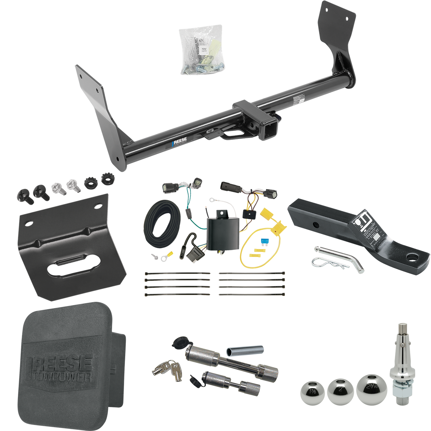 Fits 2015-2018 Ford Edge Trailer Hitch Tow PKG w/ 4-Flat Wiring + Ball Mount w/ 2" Drop + Interchangeable Ball 1-7/8" & 2" & 2-5/16" + Wiring Bracket + Dual Hitch & Coupler Locks + Hitch Cover (Excludes: Sport & Titanium Models) By Reese Towpower