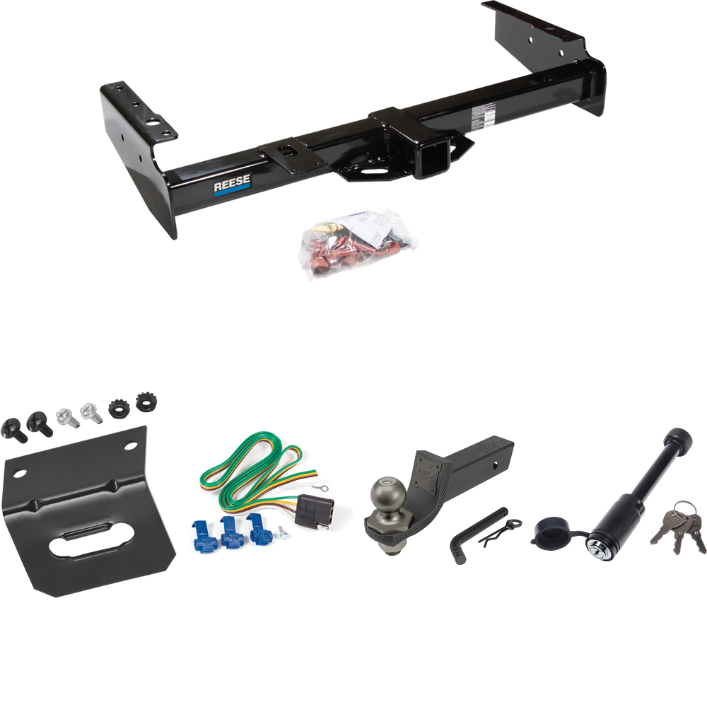 Fits 1999-2000 GMC Yukon Denali Trailer Hitch Tow PKG w/ 4-Flat Wiring + Interlock Tactical Starter Kit w/ 2" Drop & 2" Ball + Tactical Dogbone Lock + Wiring Bracket By Reese Towpower