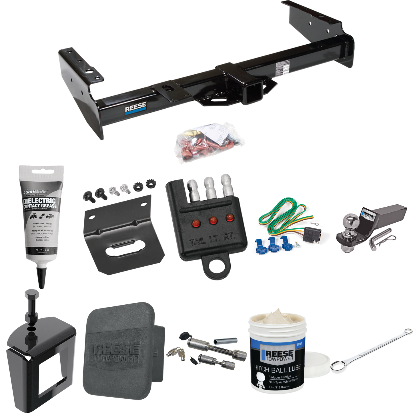 Fits 1992-1999 Chevrolet Suburban C1500 Trailer Hitch Tow PKG w/ 4-Flat Wiring + Starter Kit Ball Mount w/ 2" Drop & 2" Ball + Wiring Bracket + Hitch Cover + Dual Hitch & Coupler Locks + Wiring Tester + Ball Lube + Electric Grease + Ball Wrench + Ant