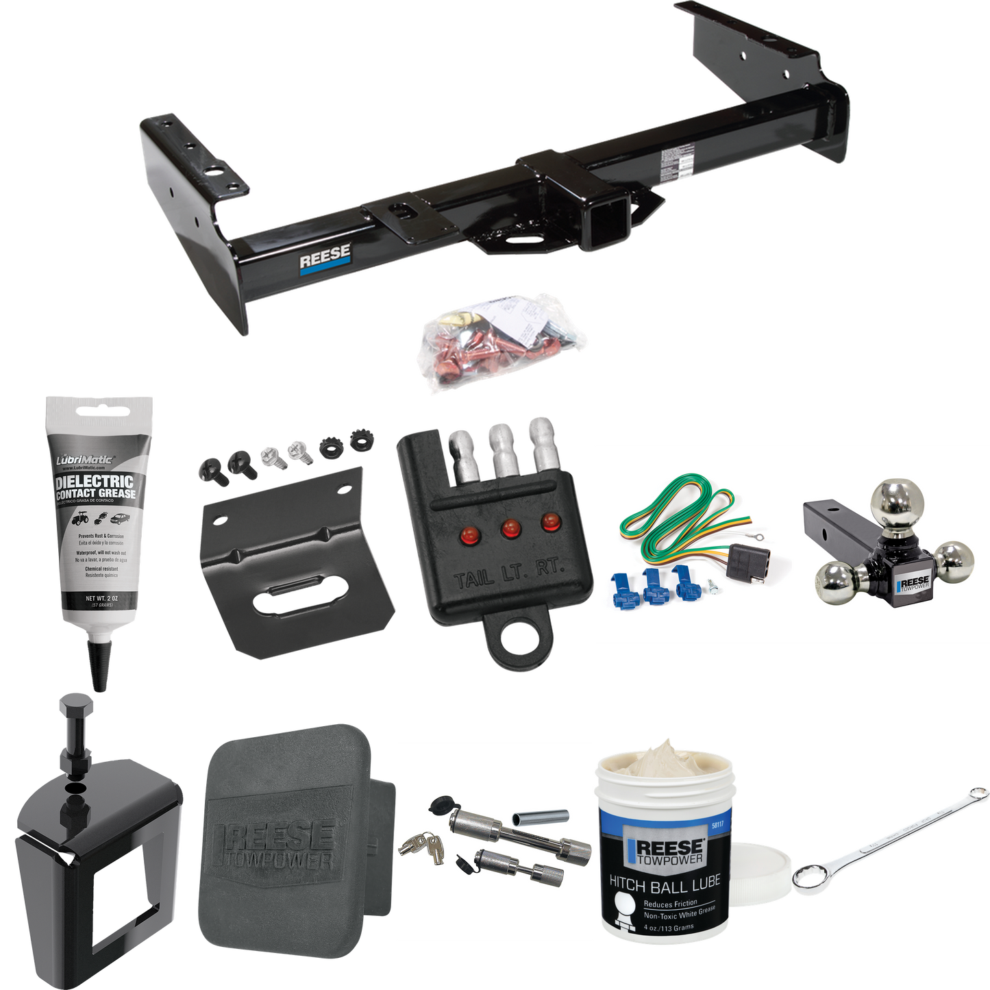 Fits 1992-1999 GMC Suburban C1500 Trailer Hitch Tow PKG w/ 4-Flat Wiring + Triple Ball Ball Mount 1-7/8" & 2" & 2-5/16" Trailer Balls + Wiring Bracket + Hitch Cover + Dual Hitch & Coupler Locks + Wiring Tester + Ball Lube + Electric Grease + Ball Wre