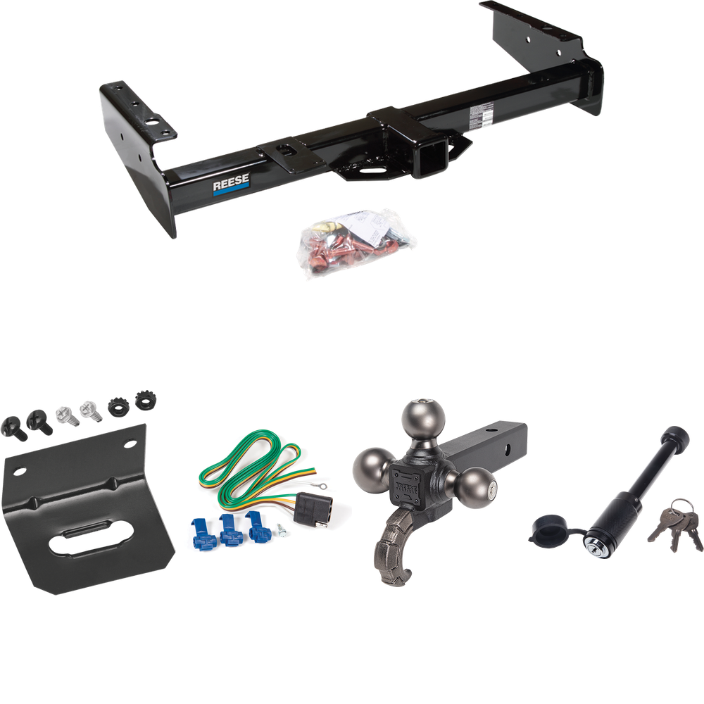 Fits 1992-1999 Chevrolet Suburban C2500 Trailer Hitch Tow PKG w/ 4-Flat Wiring + Tactical Triple Ball Ball Mount 1-7/8" & 2" & 2-5/16" Balls & Tow Hook + Tactical Dogbone Lock + Wiring Bracket By Reese Towpower