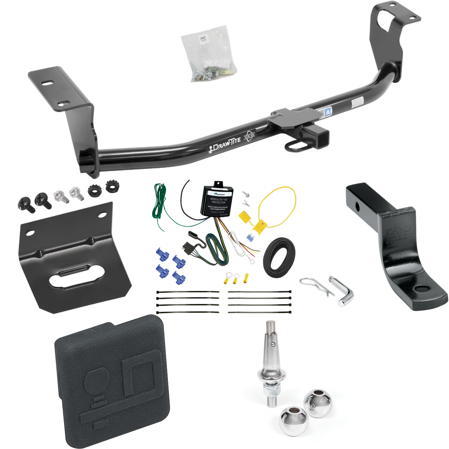 Fits 2008-2008 Toyota Corolla Trailer Hitch Tow PKG w/ 4-Flat Wiring Harness + Draw-Bar + Interchangeable 1-7/8" & 2" Balls + Wiring Bracket + Hitch Cover By Draw-Tite