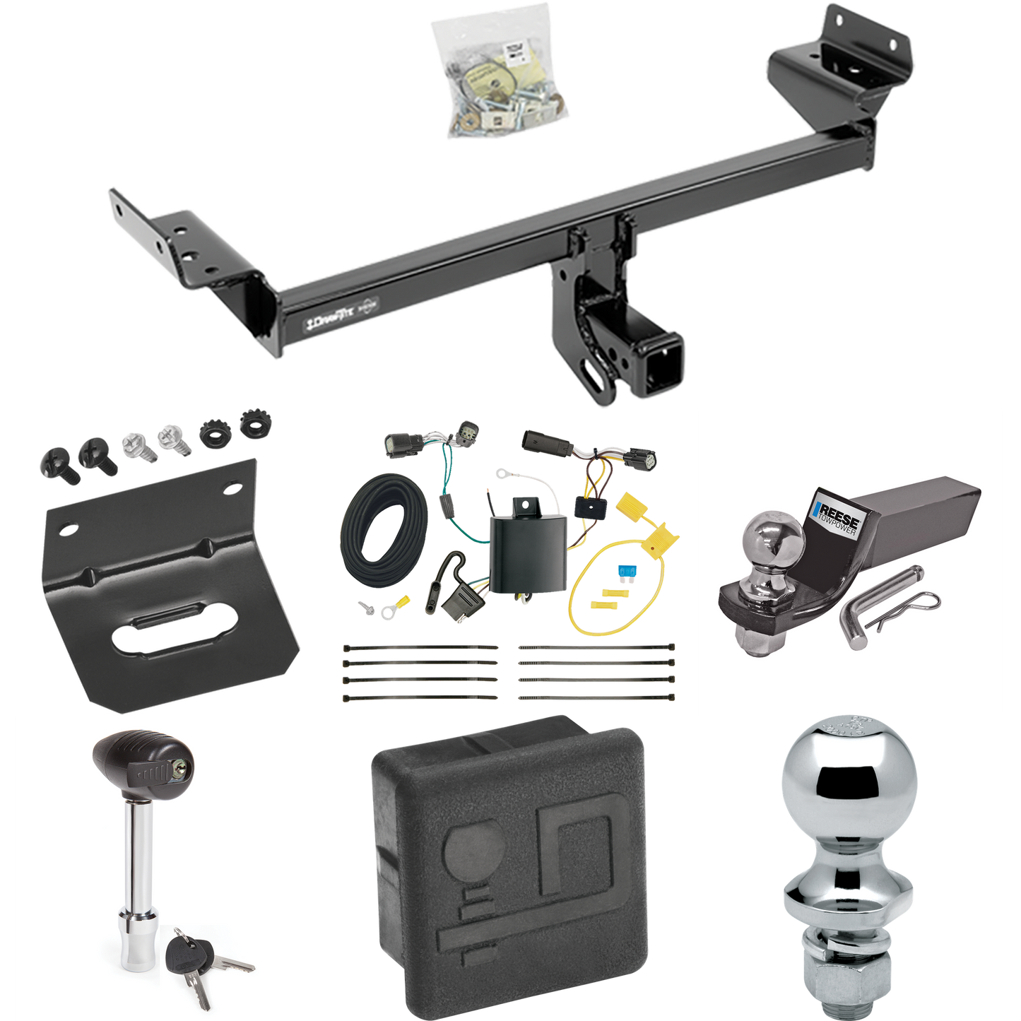 Fits 2015-2018 Ford Edge Trailer Hitch Tow PKG w/ 4-Flat Wiring + Starter Kit Ball Mount w/ 2" Drop & 2" Ball + 1-7/8" Ball + Wiring Bracket + Hitch Lock + Hitch Cover (Excludes: Sport & Titanium Models) By Draw-Tite