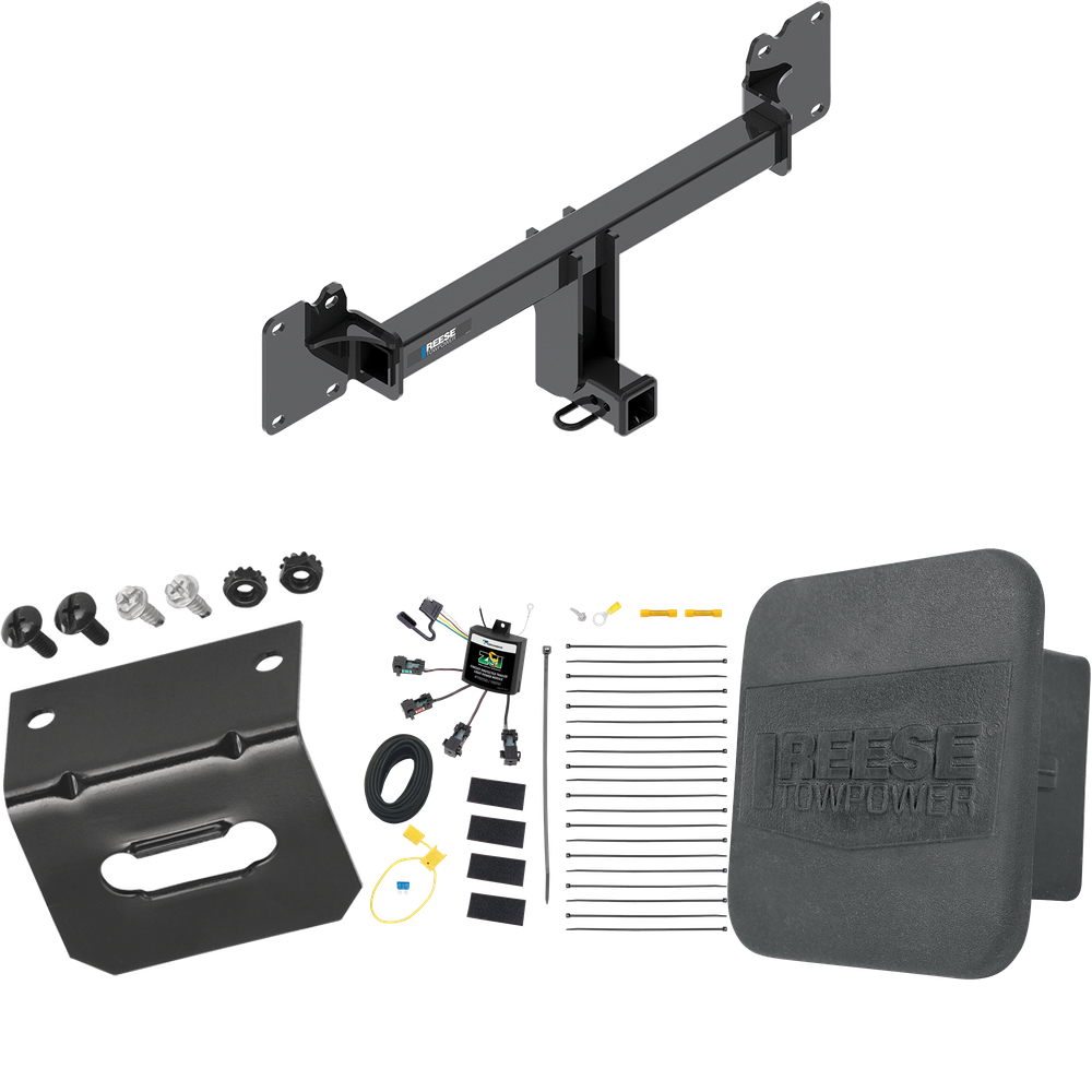 Fits 2022-2023 Jaguar F-Pace Trailer Hitch Tow PKG w/ 4-Flat Zero Contact "No Splice" Wiring Harness + Wiring Bracket + Hitch Cover By Reese Towpower