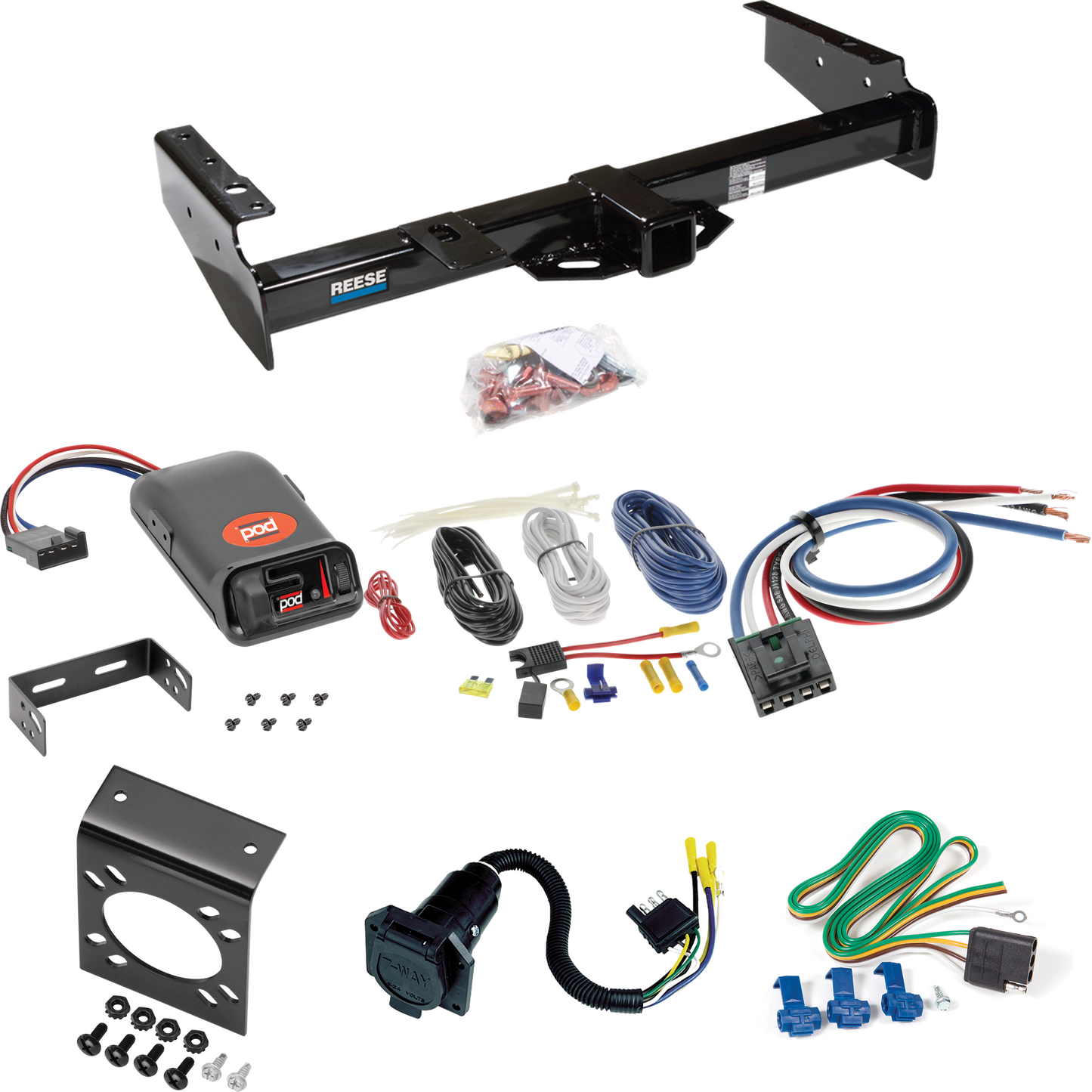 Se adapta al paquete de enganche de remolque Chevrolet Tahoe 1995-1999 con control de freno POD serie Pro + adaptador de cableado BC genérico + cableado RV de 7 vías de Reese Towpower