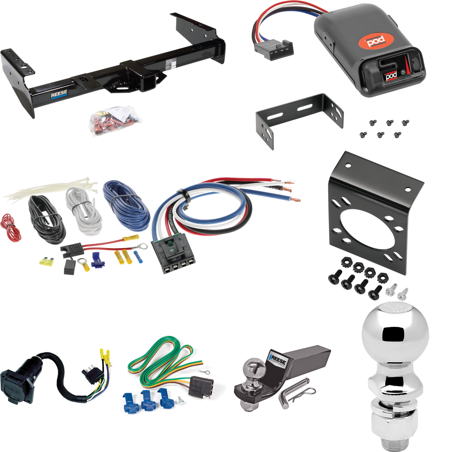 Fits 1992-1999 GMC Suburban C1500 Trailer Hitch Tow PKG w/ Pro Series POD Brake Control + Generic BC Wiring Adapter + 7-Way RV Wiring + 2" & 2-5/16" Ball & Drop Mount By Reese Towpower