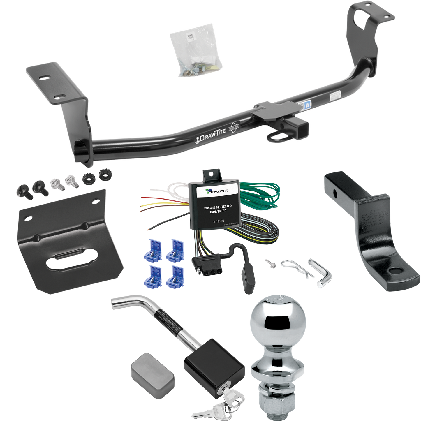 Fits 2003-2007 Toyota Corolla Trailer Hitch Tow PKG w/ 4-Flat Wiring Harness + Draw-Bar + 1-7/8" Ball + Wiring Bracket + Hitch Lock By Draw-Tite