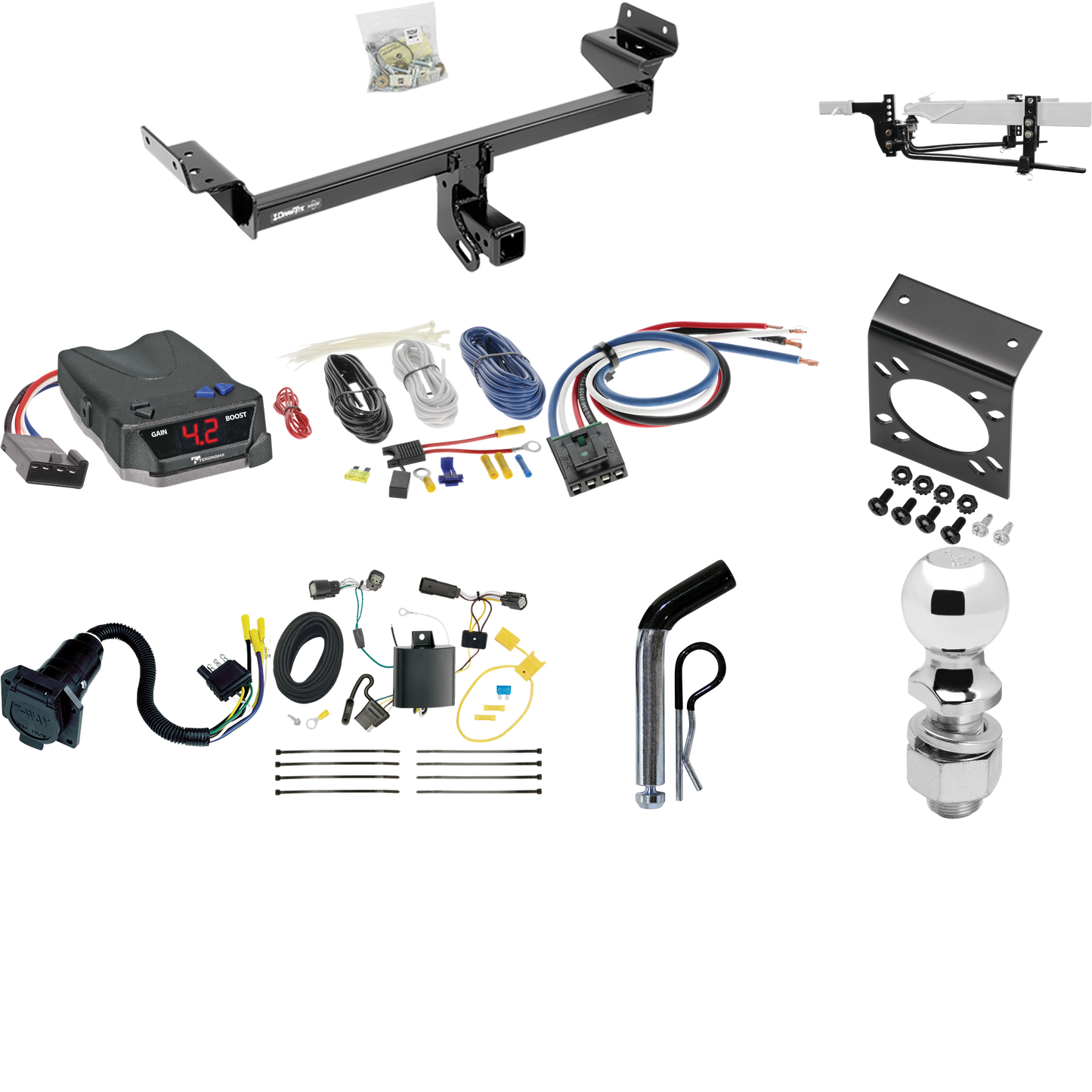 Fits 2015-2018 Ford Edge Trailer Hitch Tow PKG w/ 8K Round Bar Weight Distribution Hitch w/ 2-5/16" Ball + 2" Ball + Pin/Clip + Tekonsha BRAKE-EVN Brake Control + Generic BC Wiring Adapter + 7-Way RV Wiring (Excludes: Sport & Titanium Models) By Draw