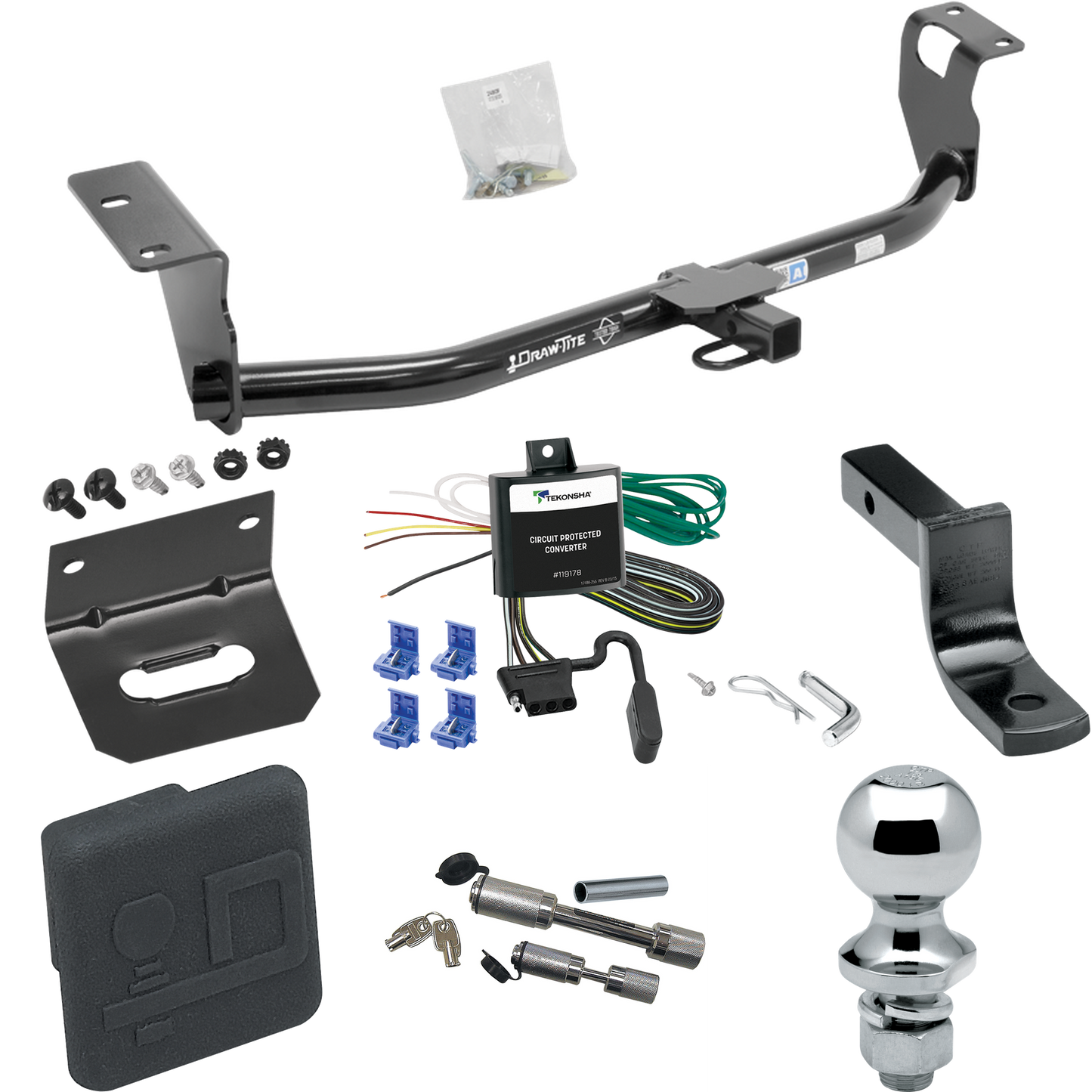 Fits 2003-2007 Toyota Corolla Trailer Hitch Tow PKG w/ 4-Flat Wiring Harness + Draw-Bar + 1-7/8" Ball + Wiring Bracket + Hitch Cover + Dual Hitch & Coupler Locks By Draw-Tite