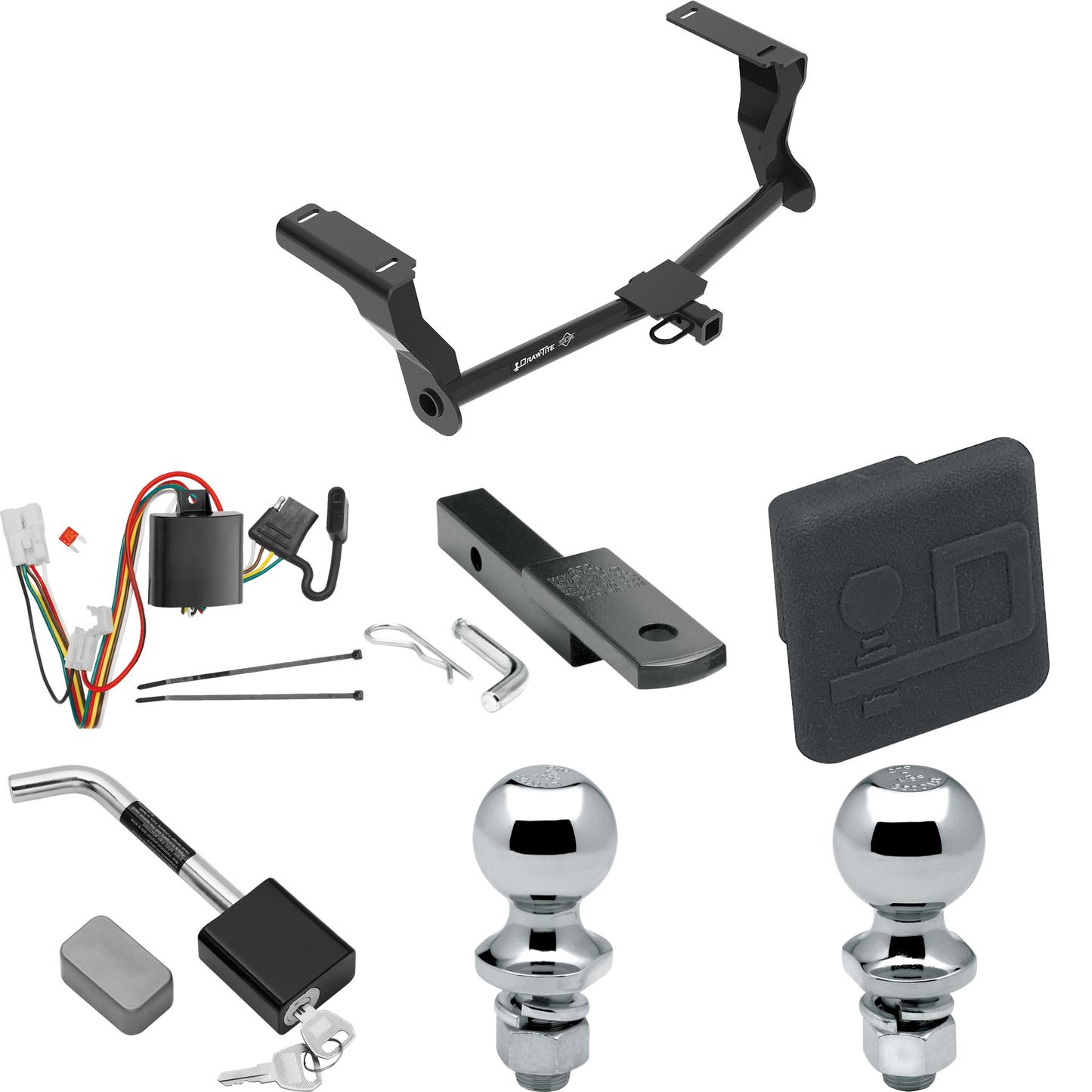 Se adapta al paquete de remolque de enganche para remolque Subaru Crosstrek 2016-2023 con arnés de cableado de 4 planos + barra de tracción + bola de 1-7/8" + 2" + cubierta de enganche + bloqueo de enganche (excluye: modelos híbridos) de Draw-Tite