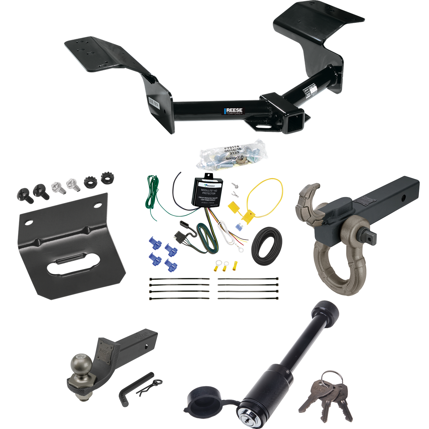 Fits 2004-2009 Cadillac SRX Trailer Hitch Tow PKG w/ 4-Flat Wiring + Interlock Tactical Starter Kit w/ 2" Drop & 2" Ball + Tactical Hook & Shackle Mount + Tactical Dogbone Lock + Wiring Bracket (Excludes: w/Sport Package Fascia Models) By Reese Towpo