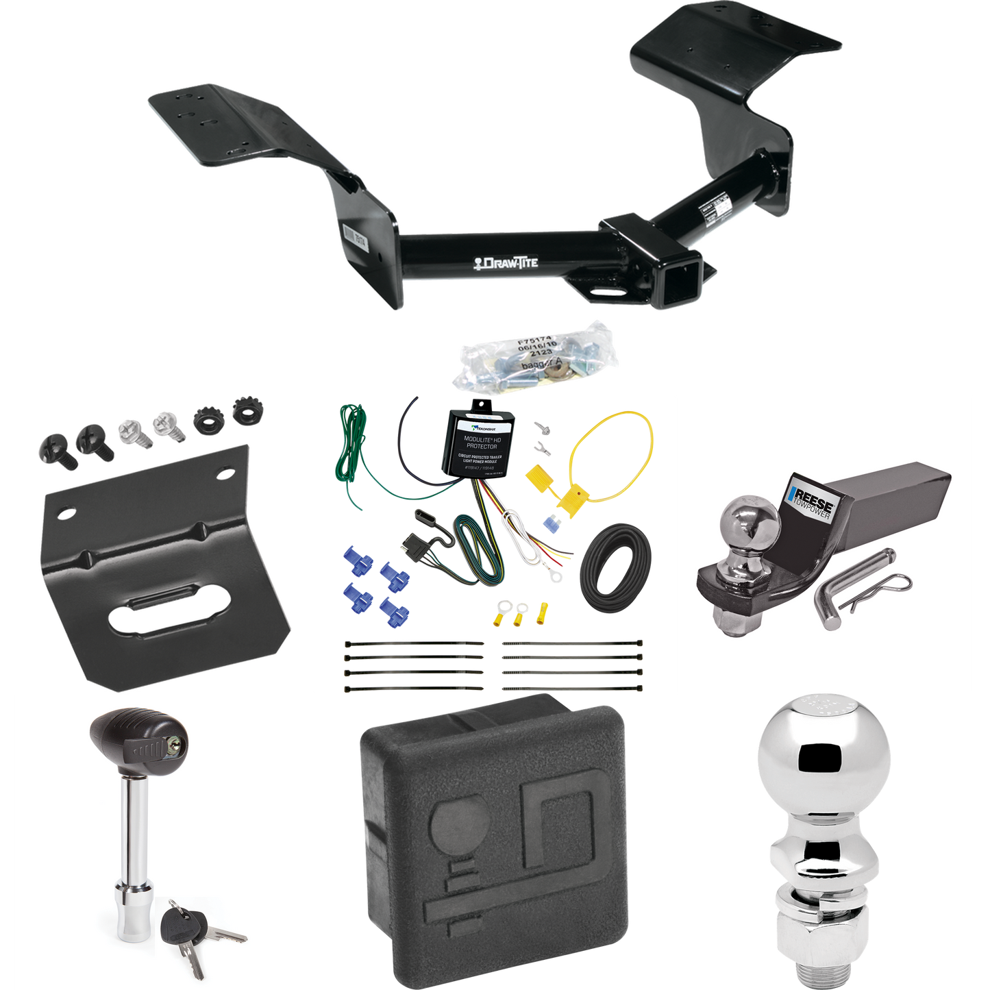 Fits 2004-2009 Cadillac SRX Trailer Hitch Tow PKG w/ 4-Flat Wiring + Starter Kit Ball Mount w/ 2" Drop & 2" Ball + 2-5/16" Ball + Wiring Bracket + Hitch Lock + Hitch Cover (Excludes: w/Sport Package Fascia Models) By Draw-Tite