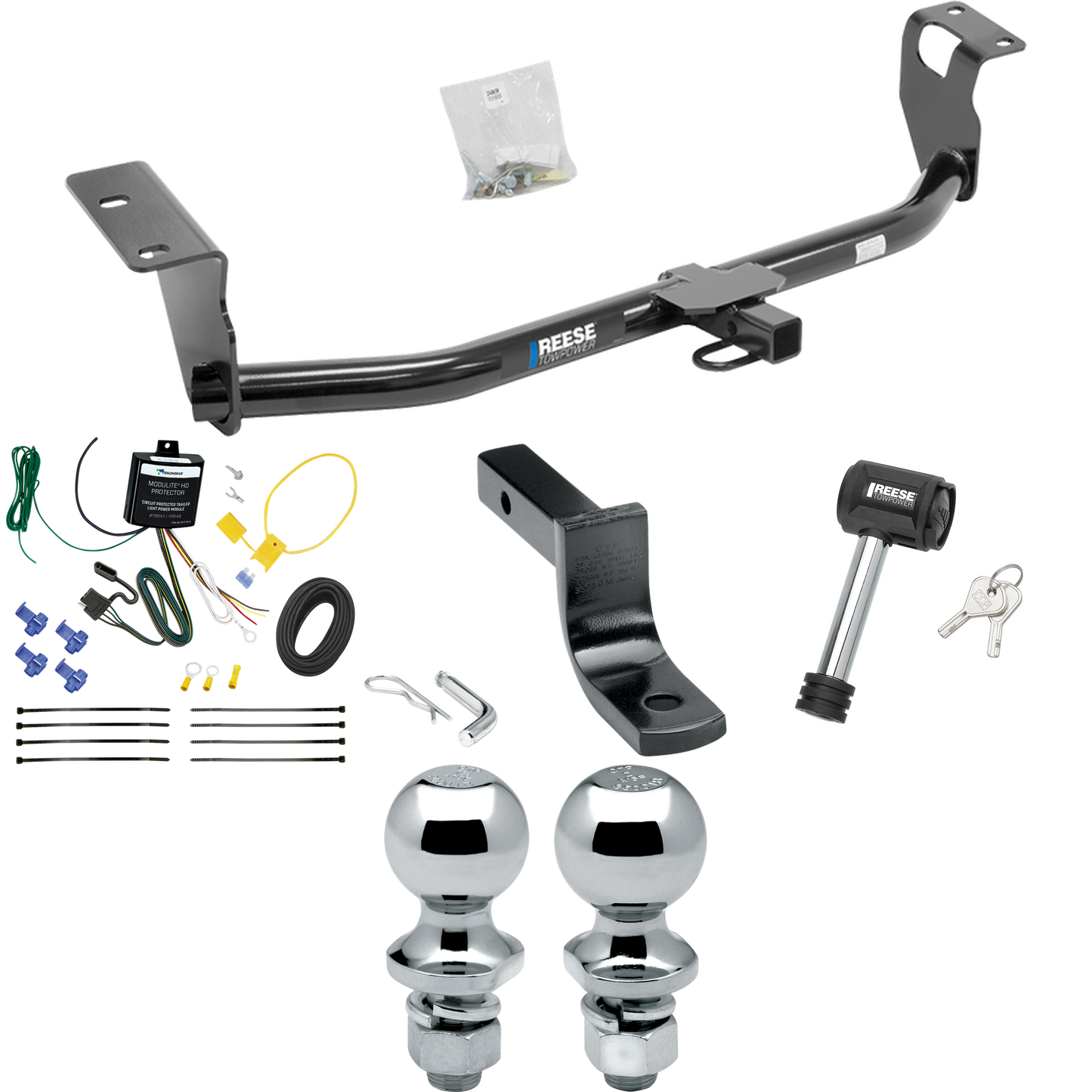 Se adapta al paquete de enganche de remolque Toyota Corolla 2008-2008 con arnés de cableado de 4 planos + barra de tracción + bola de 1-7/8" + 2" + bloqueo de enganche de Reese Towpower