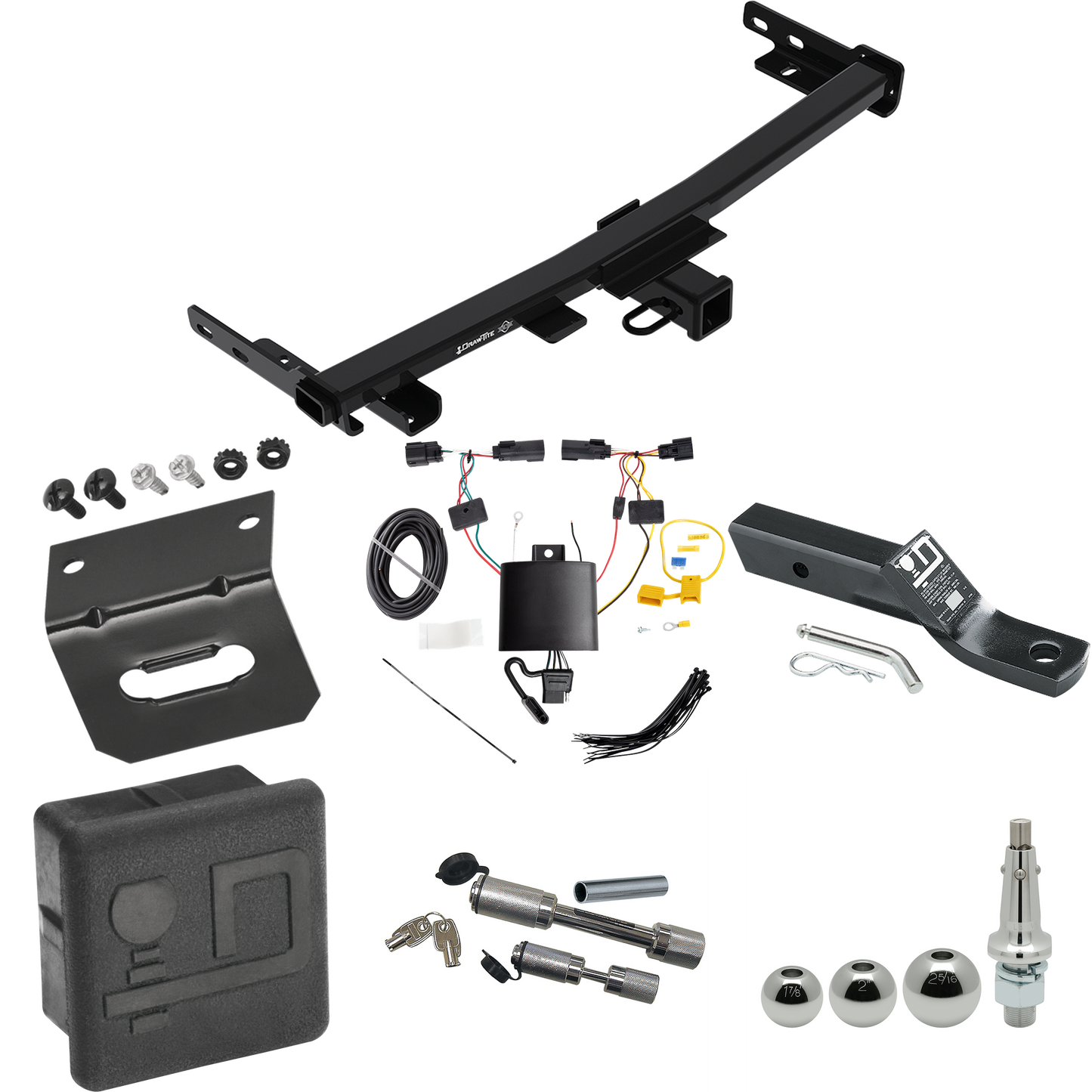 Fits 2019-2023 Jeep Cherokee Trailer Hitch Tow PKG w/ 4-Flat Wiring + Ball Mount w/ 2" Drop + Interchangeable Ball 1-7/8" & 2" & 2-5/16" + Wiring Bracket + Dual Hitch & Coupler Locks + Hitch Cover (For Trailhawk Models) By Draw-Tite