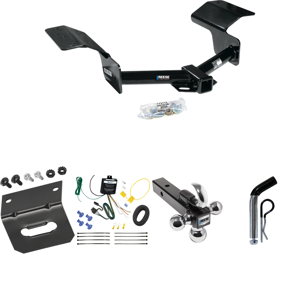 Fits 2004-2009 Cadillac SRX Trailer Hitch Tow PKG w/ 4-Flat Wiring Harness + Triple Ball Ball Mount 1-7/8" & 2" & 2-5/16" Trailer Balls w/ Tow Hook + Pin/Clip + Wiring Bracket (Excludes: w/Sport Package Fascia Models) By Reese Towpower