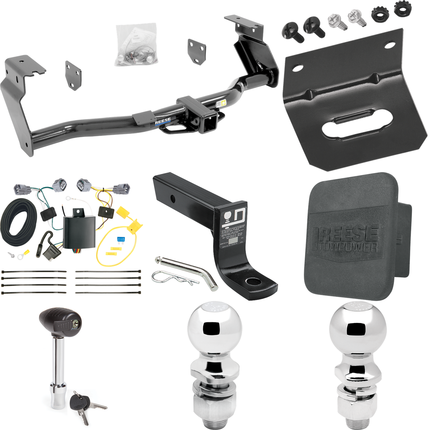 Fits 2014-2018 Jeep Cherokee Trailer Hitch Tow PKG w/ 4-Flat Wiring + Ball Mount w/ 4" Drop + 2" Ball + 2-5/16" Ball + Wiring Bracket + Hitch Lock + Hitch Cover (For Trailhawk Models) By Reese Towpower