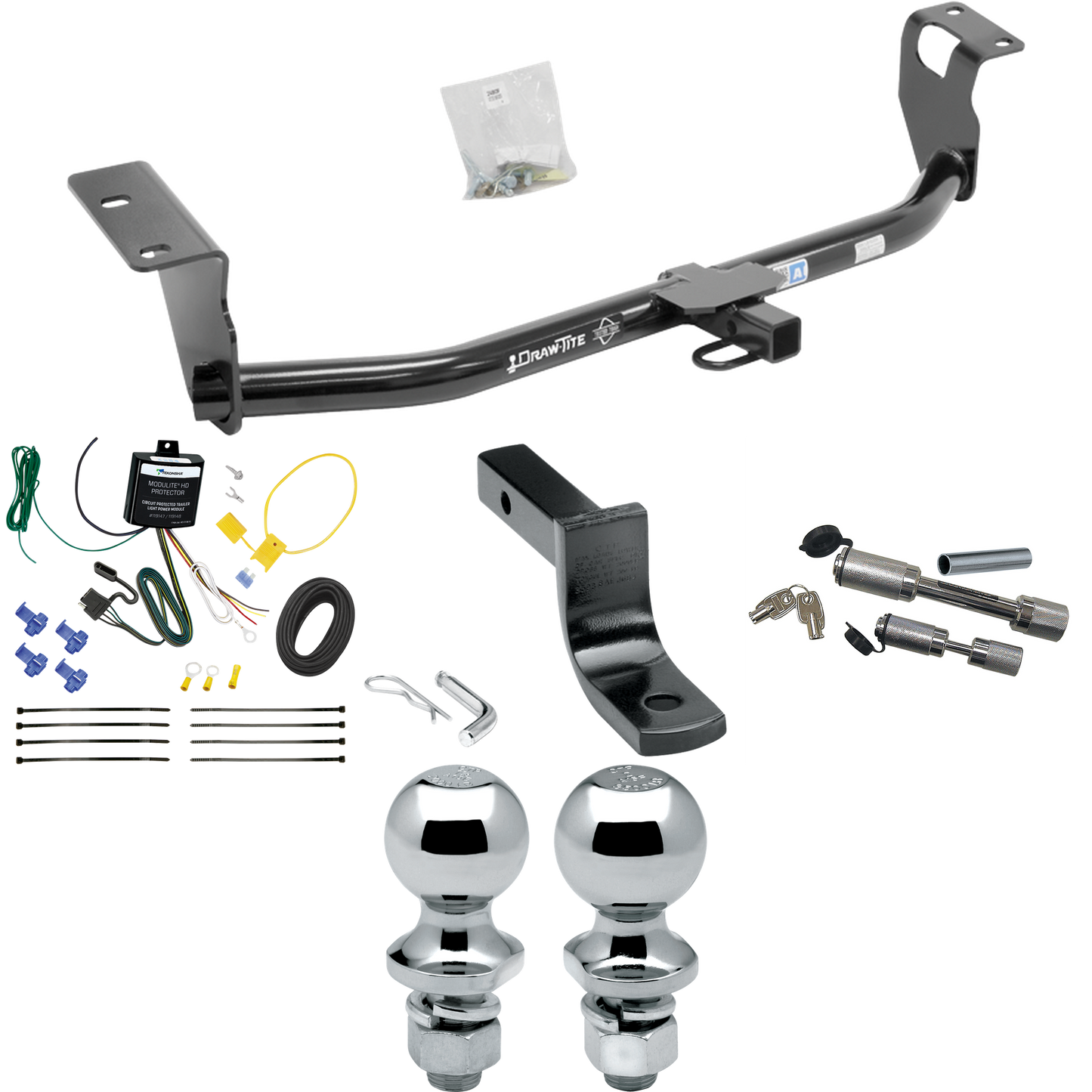 Fits 2008-2008 Toyota Corolla Trailer Hitch Tow PKG w/ 4-Flat Wiring Harness + Draw-Bar + 1-7/8" + 2" Ball + Dual Hitch & Coupler Locks By Draw-Tite