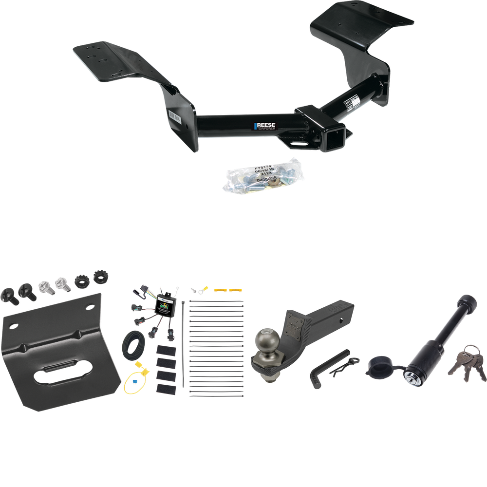 Fits 2004-2009 Cadillac SRX Trailer Hitch Tow PKG w/ 4-Flat Zero Contact "No Splice" Wiring + Interlock Tactical Starter Kit w/ 2" Drop & 2" Ball + Tactical Dogbone Lock + Wiring Bracket (Excludes: w/Sport Package Fascia Models) By Reese Towpower