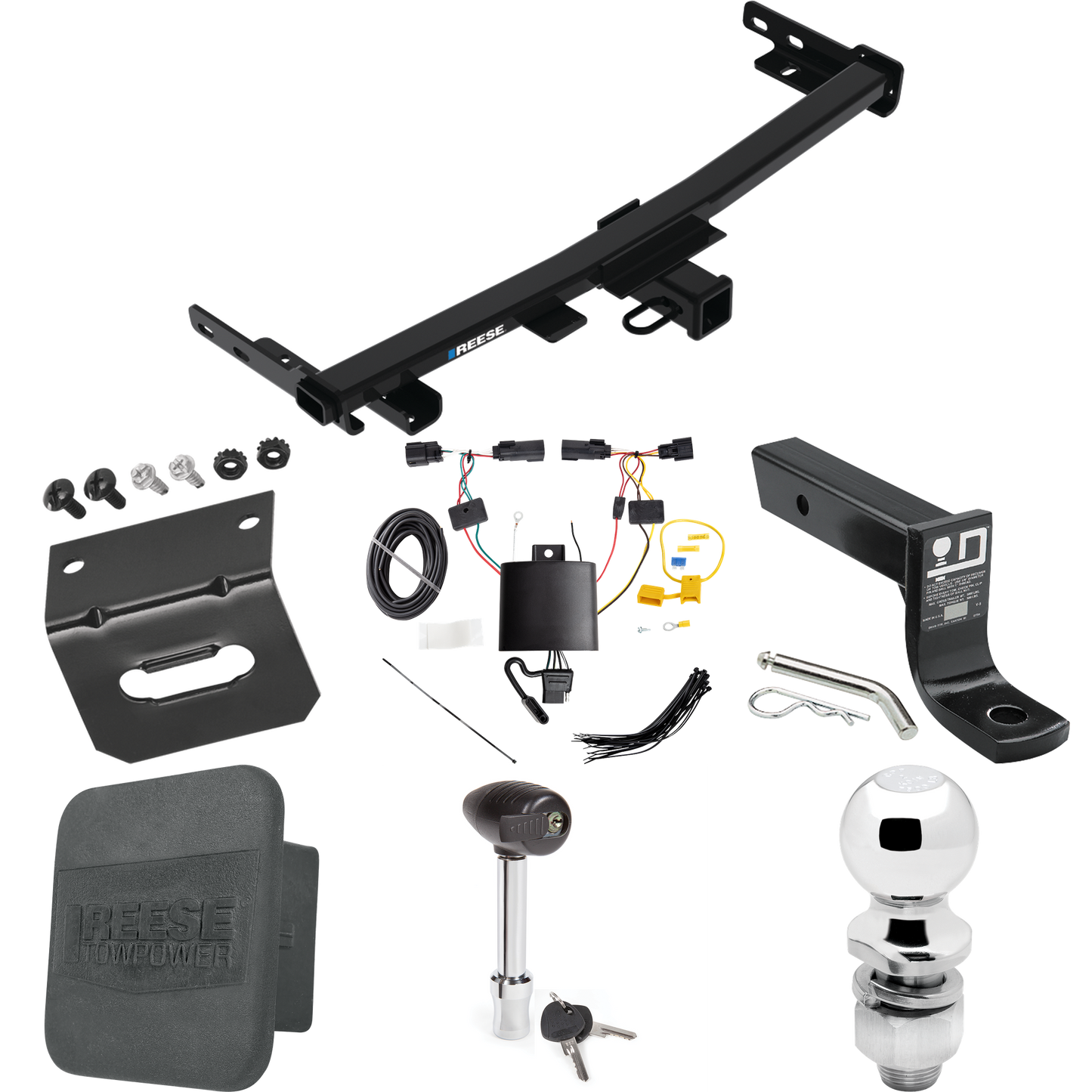 Se adapta al paquete de enganche de remolque Jeep Cherokee 2019-2023 con cableado plano de 4 + soporte de bola con caída de 4" + bola de 2" + soporte de cableado + bloqueo de enganche + cubierta de enganche (para modelos Trailhawk) de Reese Towpower