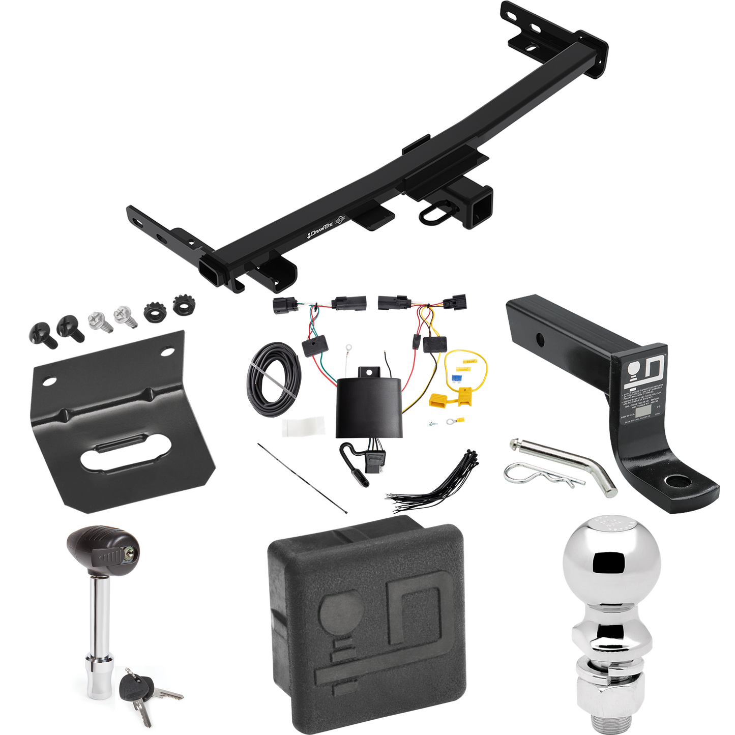 Se adapta al paquete de enganche de remolque Jeep Cherokee 2019-2023 con cableado de 4 planos + soporte de bola con caída de 4" + bola de 2-5/16" + soporte de cableado + bloqueo de enganche + cubierta de enganche (para modelos Trailhawk) de Draw-Tite